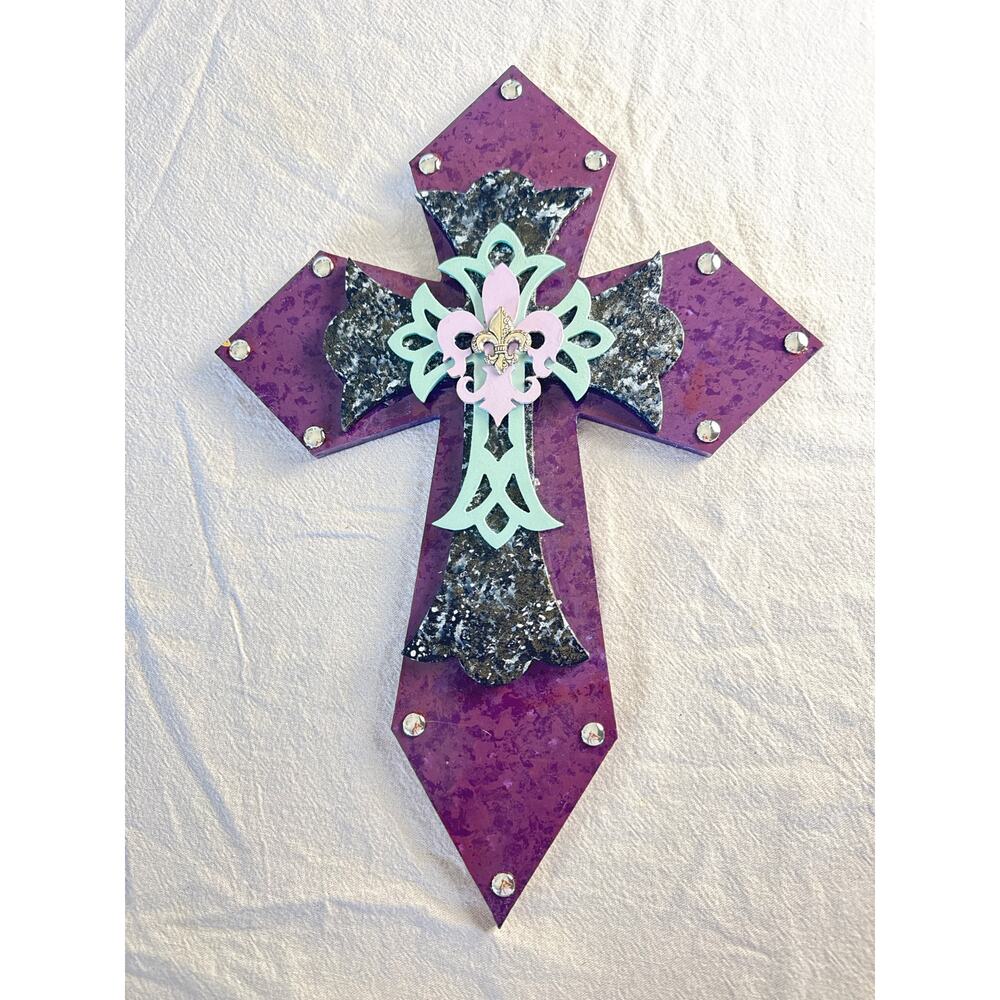Large Layered Cross Wall Decor – Purple w/ Rhinestones & Fleur-de-Lis